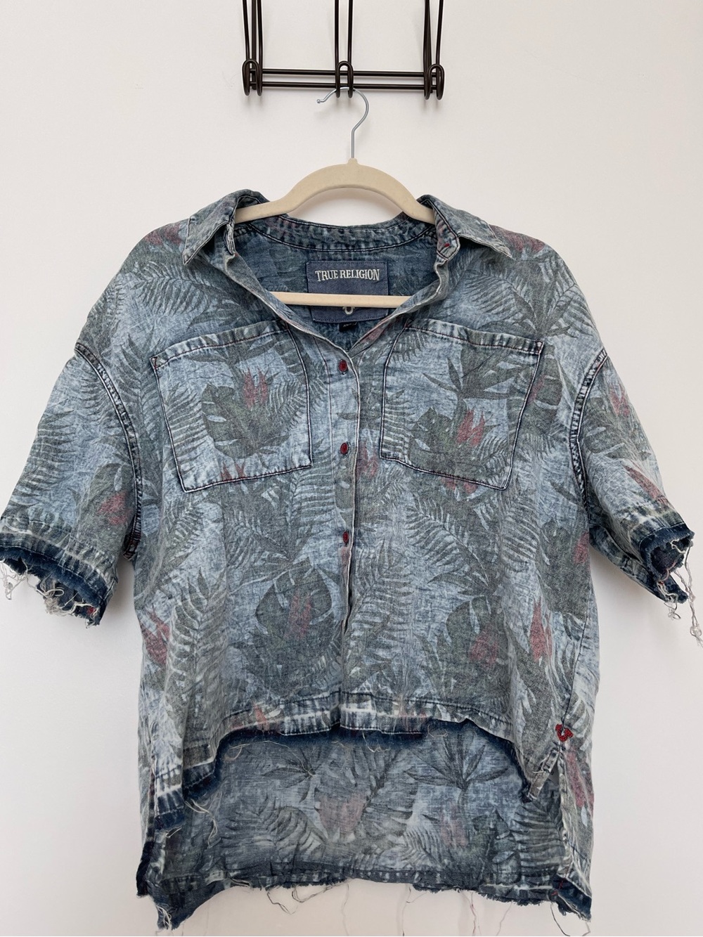True Religion Distressed Blue Floral-Print Denim Button-Down, Size XS